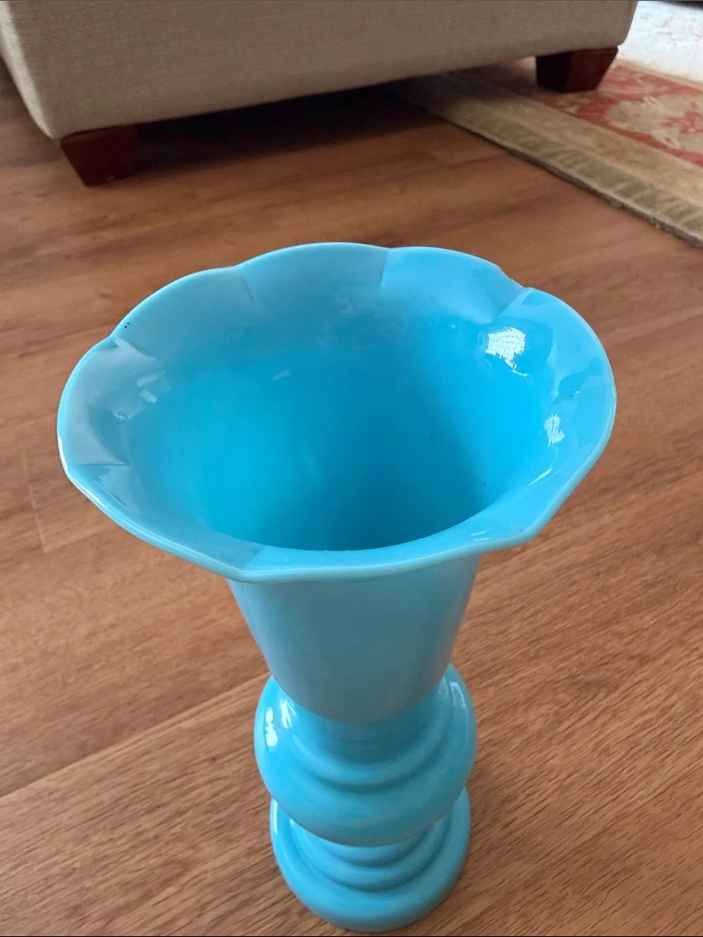 Vintage Hand-Finished Blue Opaline Milk Glass Pedestal Bud Vase Scalloped Rim
